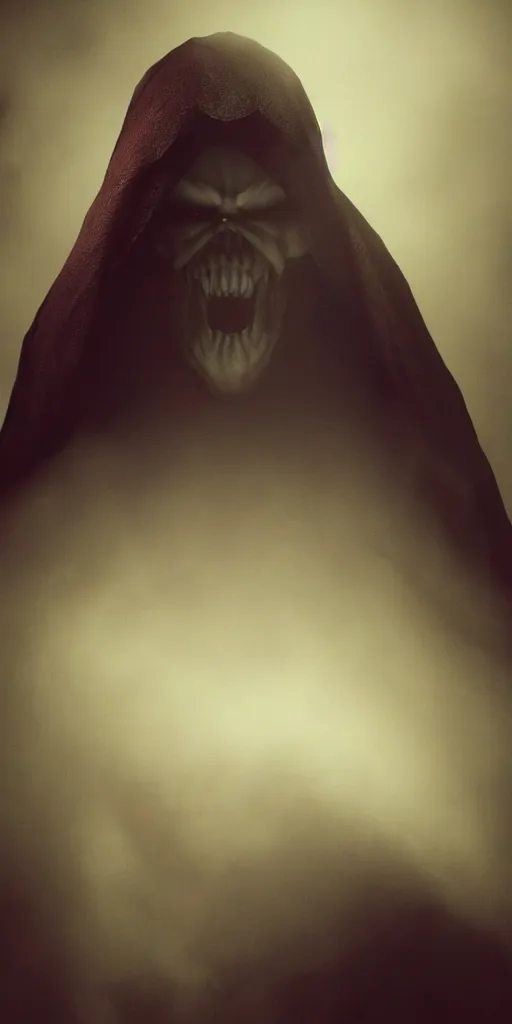 Prompt: a horrifying nightmare of a creepy magazine editorial octane render cinema 4 d vampire god in black robes ultra realistic close up face shot of the shadow eater ghost with his demonic mouth wide open volumetric lighting moody lighting god rays misty award winning top light