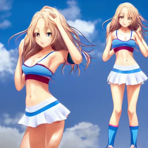 Image similar to a very beautiful young anime tennis girl, full body, long wavy blond hair, sky blue eyes, full round face,, bikini, miniskirt, front view, mid - shot, highly detailed, cinematic wallpaper by stanley artgerm lau
