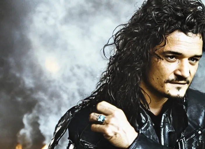 Image similar to promotional image of orlando bloom in a heavy metal band in a movie from 1978, rugged black clothes, detailed face, movie still frame, promotional image, imax 70 mm footage