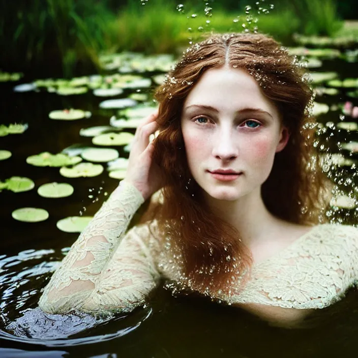 Image similar to Kodak Portra 400, 8K, soft light, volumetric lighting, highly detailed, britt marling style 3/4 ,portrait photo of a beautiful woman how pre-Raphaelites painter, the face emerges from the water of a pond with water lilies, half face and hair are immersed in water, a beautiful lace dress and hair are intricate with highly detailed realistic beautiful flowers , Realistic, Refined, Highly Detailed, natural outdoor soft pastel lighting colors scheme, outdoor fine art photography, Hyper realistic, photo realistic