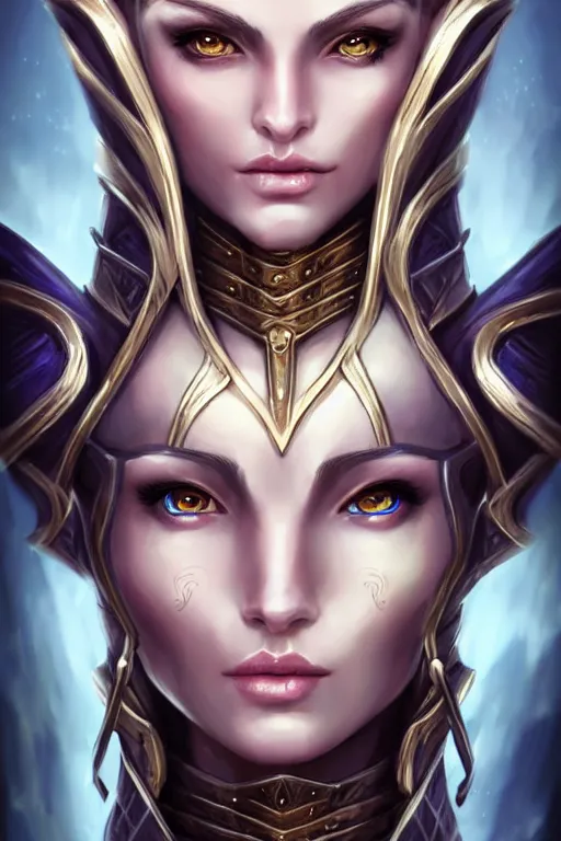Prompt: head and shoulders portrait of an eldritch knight, elf, beautiful, female, breastplate, magical, high fantasy, d & d, by artgerm, face details, extremely detailed, vogue fashion photo
