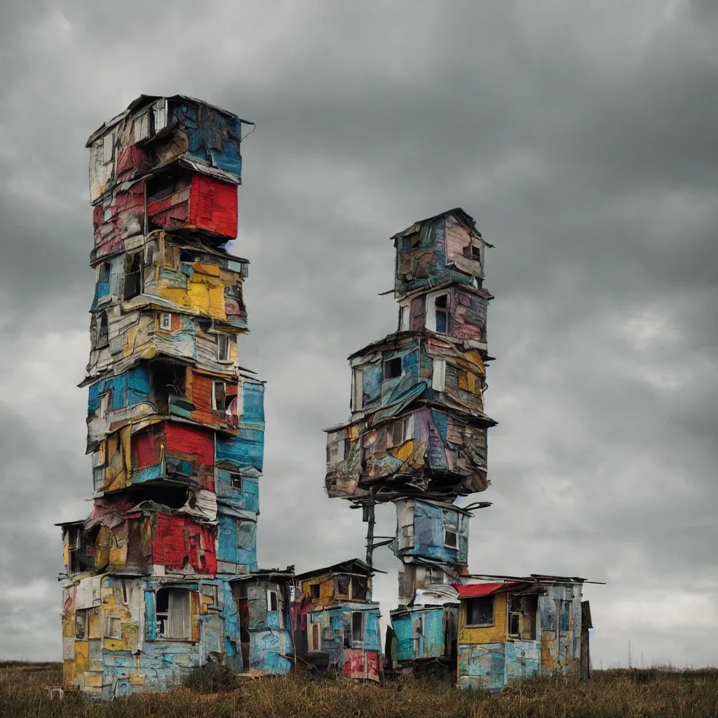 Image similar to close - up view of a tower made up of colourful makeshift squatter shacks, bleached colours, moody cloudy sky, dystopia, mamiya, very detailed, photographed by cristina de middel