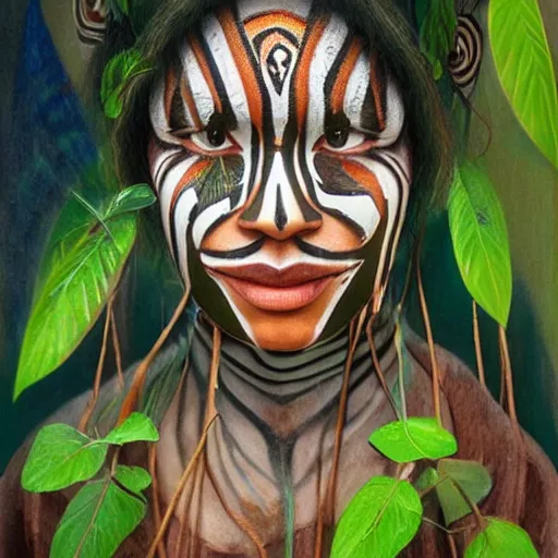 Image similar to beautiful matte painting of a portrait of a plant teacher spirit uchu sanango in the jungle, tribal face paintings, ayahuasca, matte painting, realistic