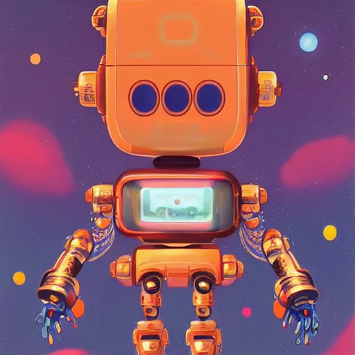 Prompt: a robot mascott by takashi murakami,, beeple and james jean, aya takano color style, 4 k, super detailed, night sky, digital art, digital painting, celestial, majestic, colorful