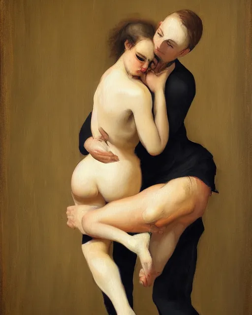 Image similar to a painting of a man holding a woman in his arms by pascal blanche, trending on deviantart, transgressive art, flemish baroque, furaffinity, renaissance painting
