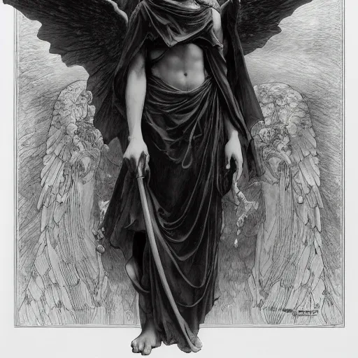 Image similar to heavenly angel of death and solace by gustave dore and alphonse mucha yoji shinkawa apophasis