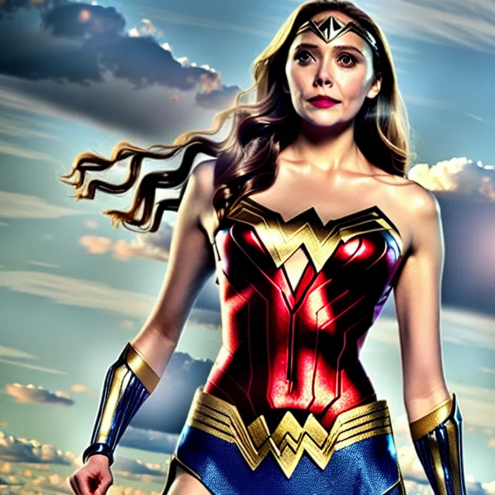 Image similar to professional full length photograph of elizabeth olsen as wonder woman. Extremely detailed. 8k