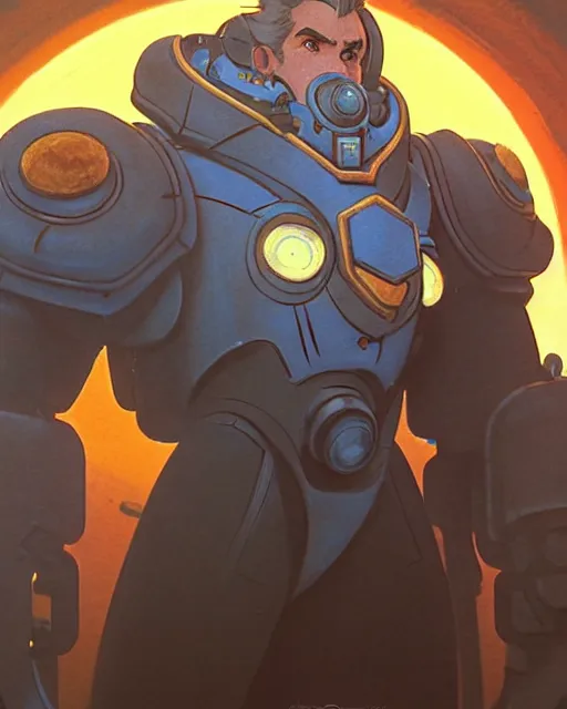 Image similar to reinhardt from overwatch, character portrait, portrait, close up, concept art, intricate details, highly detailed, vintage sci - fi poster, retro future, in the style of chris foss, rodger dean, moebius, michael whelan, and gustave dore