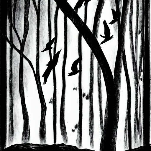 Image similar to zen, forest, birds, ink