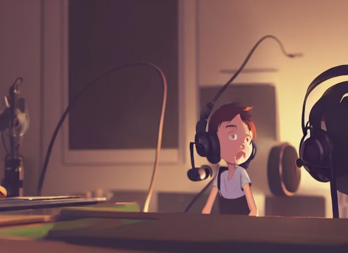 Image similar to man with headphones at his home studio producing music late at night, very detailed, 4 k, cory loftis, james gilleard, atey ghailan, makoto shinkai, goro fujita, studio ghibli, rim light, exquisite lighting, clear focus, very coherent, masterpiece