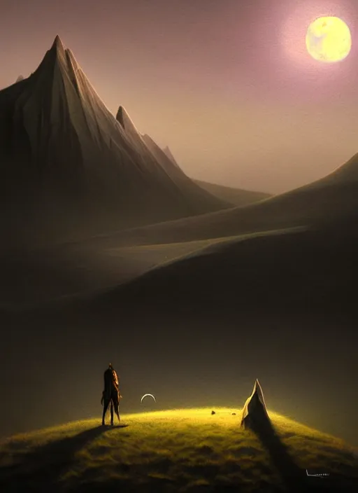 Image similar to midnight by moonlight in the low - polygon hills, the distant hills are polygons, diffuse lighting, intricate, surrealism!!!!, highly detailed, lifelike, photorealistic, digital painting, artstation, surrealist, concept art, smooth, sharp focus, by greg rutkowski, chris tulloch mccabe, valentina remenar and asher duran,