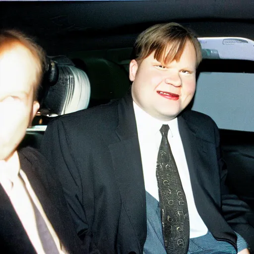 Image similar to 1 9 9 8 andy richter wearing a black wool coat and necktie in his car driving through the streets of chicago at night, pov back seat of car, cozy atmosphere