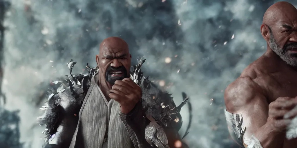 Image similar to a film still of a black man starring in a japanese blockbuster film as heihachi from tekken 7, shallow depth of field, cinematic, award winning cgi, vfx, film still