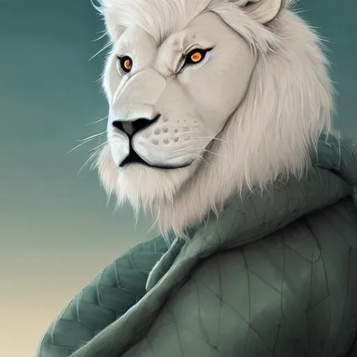 Image similar to aesthetic portrait commission of a albino male furry anthro lion wearing a traditional intricately designed mint colored Kimono, detailed face , hyperdetailed, snowy winter atmosphere. Character design by charlie bowater, ross tran, artgerm, and makoto shinkai, detailed, inked, western comic book art, 2021 award winning painting