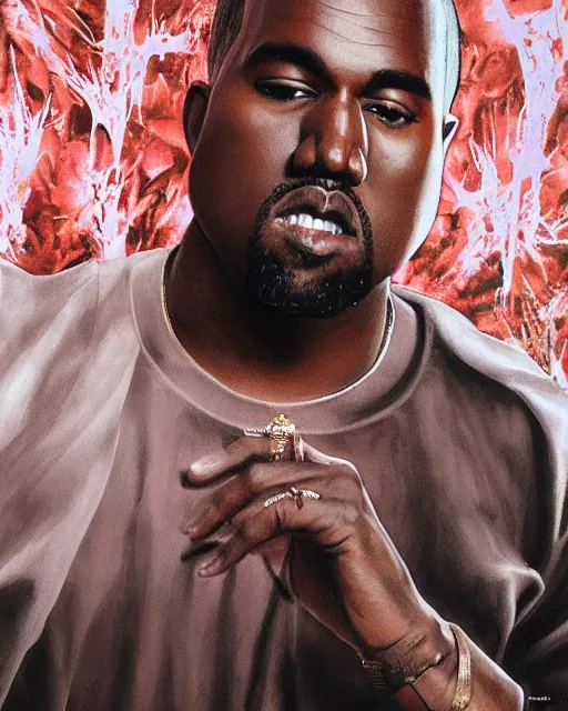 Image similar to kanye west in donda listening party, airbrush, drew struzan illustration art, key art, movie poster