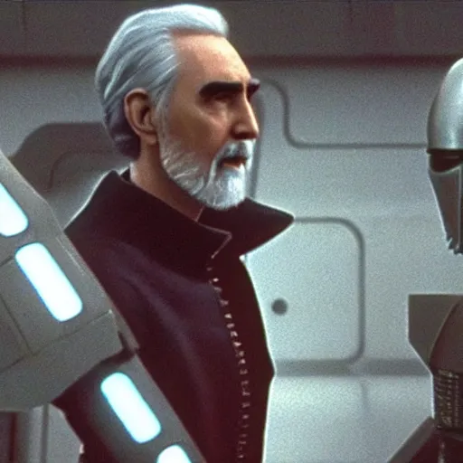 Prompt: Count Dooku standing on ledge observing droid factory star wars