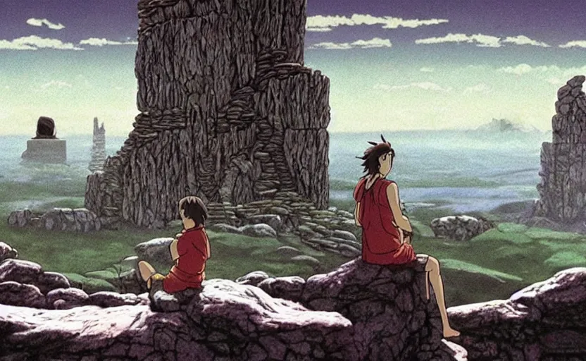 Prompt: movie still from princess mononoke ( 1 9 9 7 ) showing a highly detailed landscape with a giant long - haired buddha in lotus position with stonehenge in the background. 1 9 8 0 s science fiction, 1 9 7 0 s science fiction, cyberpunk, moody, misty, depth perception, 4 k, artstation