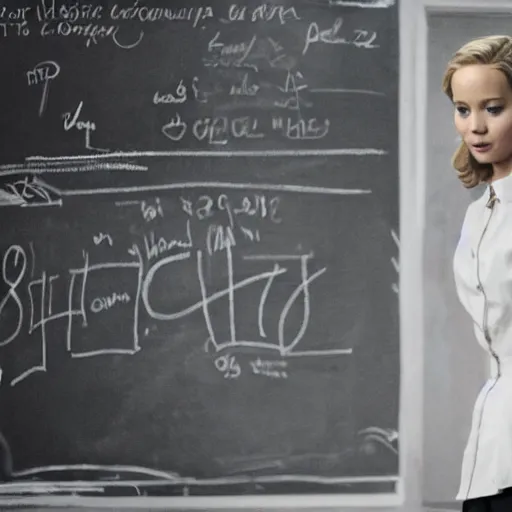 Prompt: the first still from the professor, directed by joseph goebbels, shows jennifer lawrence at a chalkboard, 4 k