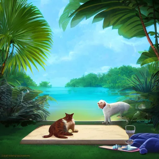 Image similar to swimming pool in the middle of the jungle a cat and a dog playing around , empty beach chair , highly detailed, digital painting, artstation, concept art