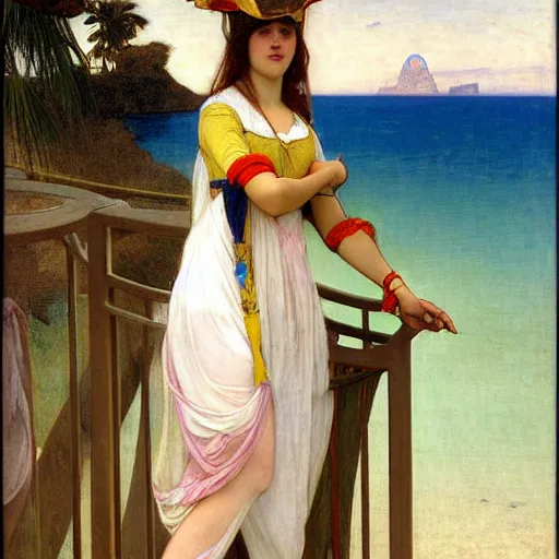 Image similar to A girl with jester hat and clothes on the front of a Balustrade with a beach on the background, major arcana clothes, by paul delaroche, alphonse mucha and arnold böcklin arnold böcklin hyperrealistic 8k, very detailed