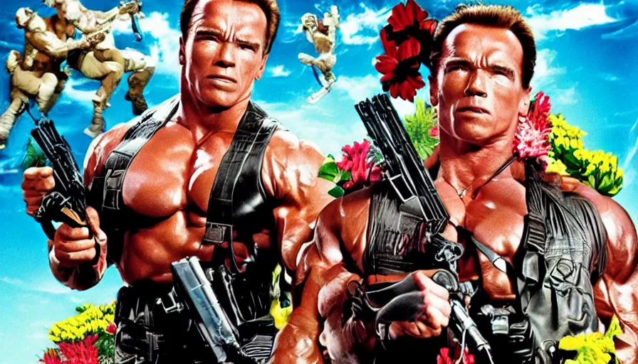 Prompt: big budget action movie poster staring arnold schwarzenegger as a florist.