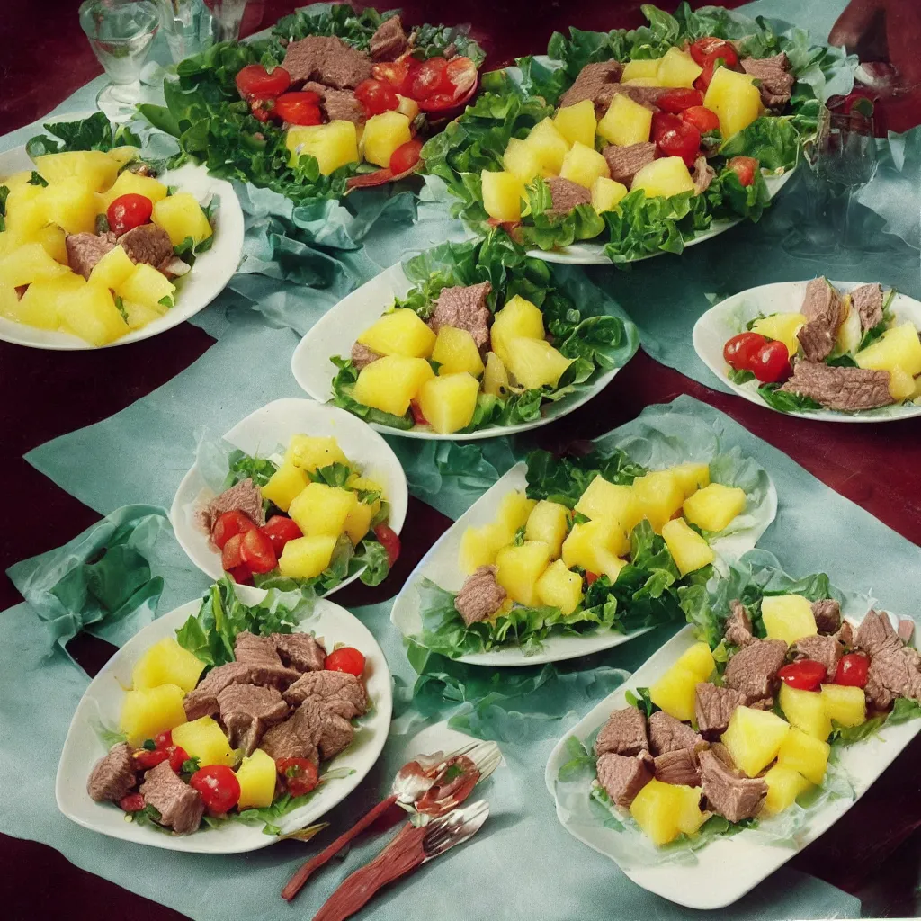 Prompt: a dreamy photo of beef salad and pineapple jelly, 1976