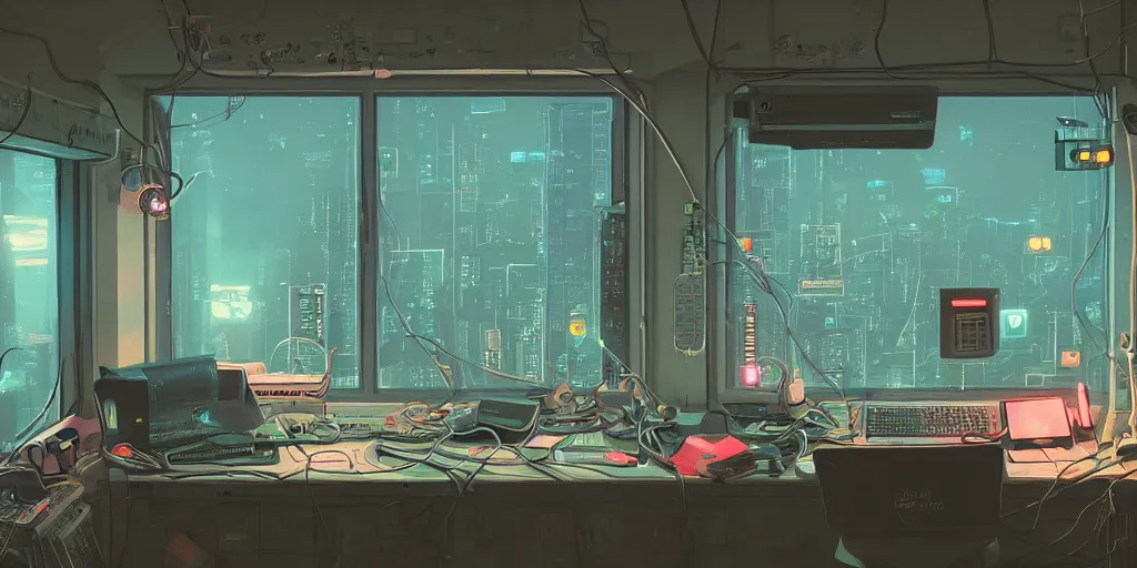 Image similar to cozy 9 0 s bedroom retrofuturism, cluttered, wires everywhere, computer, window, at night, lit only by the luminescent computer screen, cyberpunk city, dramatic lighting, alien technology, detailed by simon stalenhag