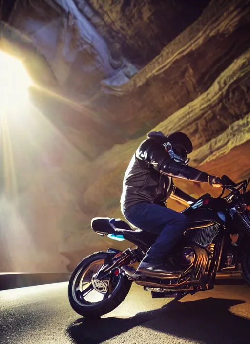 Prompt: a 2 8 mm macro photo of a man riding on a motorcycle through a canyon made of oversized arcade cabinets, splash art, movie still, bokeh, canon 5 0 mm, cinematic lighting, dramatic, film, photography, golden hour, depth of field, award - winning, anamorphic lens flare, 8 k, hyper detailed, 3 5 mm film grain