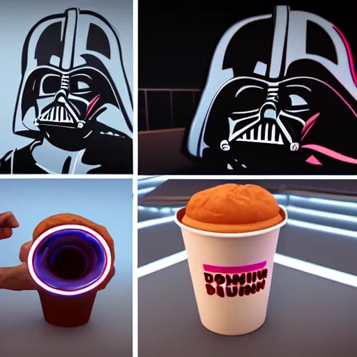 Image similar to darth vador working at dunkin donuts , 8k cinematic lighting, very sharp detail, anatomically correct