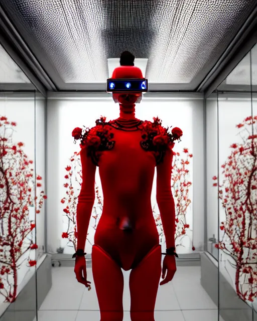 Prompt: symmetrical portrait of a woman wearing a red embroidered translucent silicone mask and white frizzy hair buns, wearing a black bodysuit by alexander mcqueen, standing in a sterile room full of translucent silicone flowers and plants, white background, soft diffused light, biotechnology, humanoide robot, futuristic aesthetic, translucent, ethereal, intricate details, highly detailed, masterpiece,