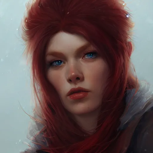 Image similar to head and shoulders, red head female thief, by june jenssen and anna podedworna, artstation