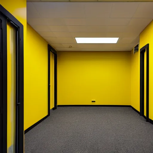 Image similar to a photograph of an emty office with mono yellow walls,brown moist carpet and fluorescent lights,creepy,eerie,4k,real photo,natural lights,mysterious,professional photography,nostalgic,old