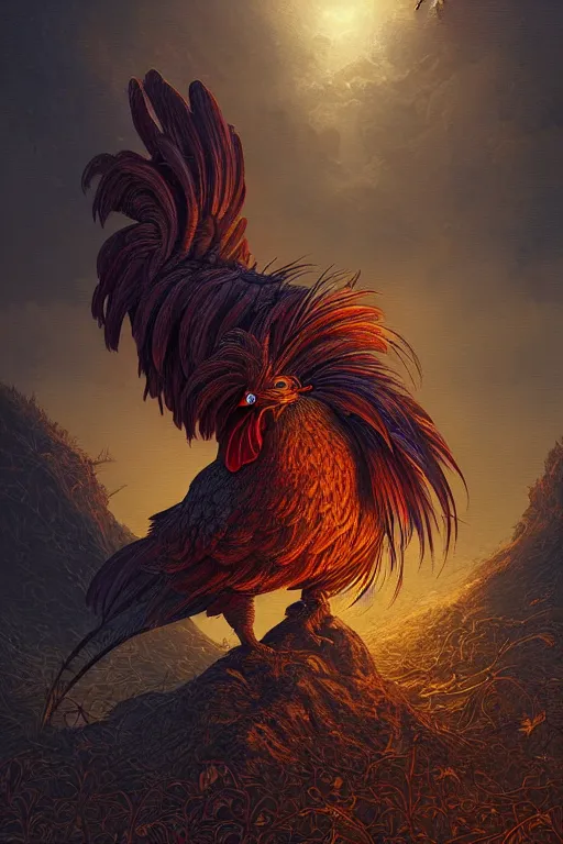 Image similar to a beautiful tarot card artwork of a rooster in armour, horror, backlit, gloomy sky, highly detailed, digital painting, intricate golden threads, by eddie mendoza and greg rutkowski and dan mumford and artgerm, vivid colors, detailed shading, 8 k resolution, intricate, smooth