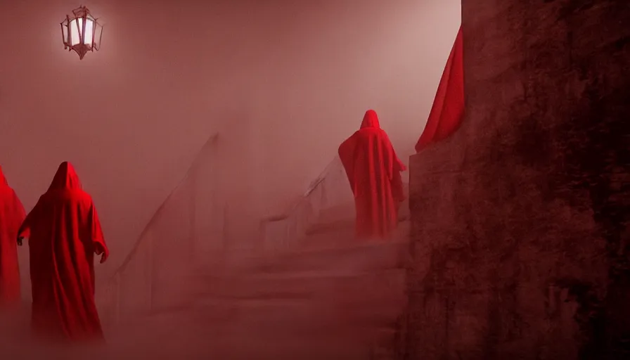 Image similar to figures in red cloaks ascend huge creepy fantasy stairs, photorealistic rendering, cinematic, movie still, by denis villeneuve, volumetric magical lighting