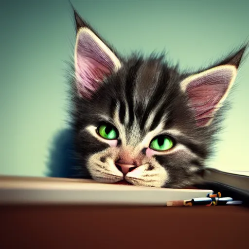 Image similar to eye - level view, a super cute maine coon kitten ate my homework in my room and woke up the next day smart, hilarious, funny, back to school comedy, cg animation, 3 d octane render, imax 7 0 mm,