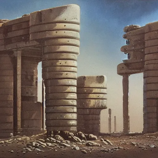 Prompt: painting of a scifi ancient civilzation victorian, brutalist architecture, minoru nomata