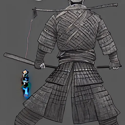 Prompt: a portrait from behind of a samurai man vagabond with a moon behind him, the samurai is wrapped in chains, detailed, illustration, concept art, ink style, sketch