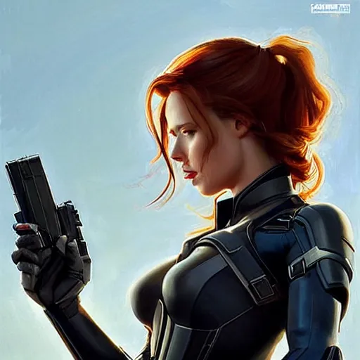 Image similar to greg manchess portrait painting of light armored natasha romanova aka black widow as overwatch character, medium shot, asymmetrical, profile picture, organic painting, sunny day, matte painting, bold shapes, hard edges, street art, trending on artstation, by huang guangjian and gil elvgren and sachin teng