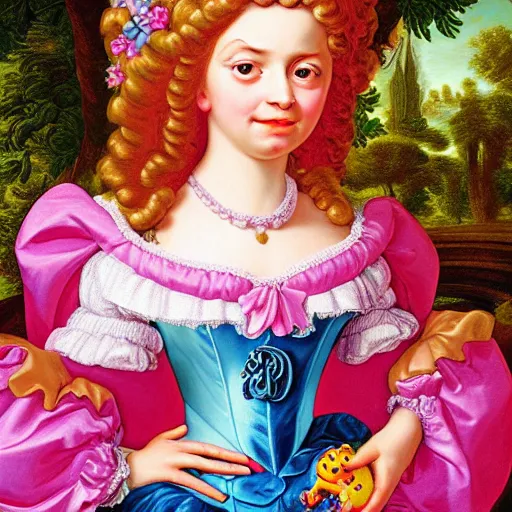 Prompt: baroque rococo painting Pretty Princess of Cake portrait Greg Hildebrandt Lisa Frank high detail