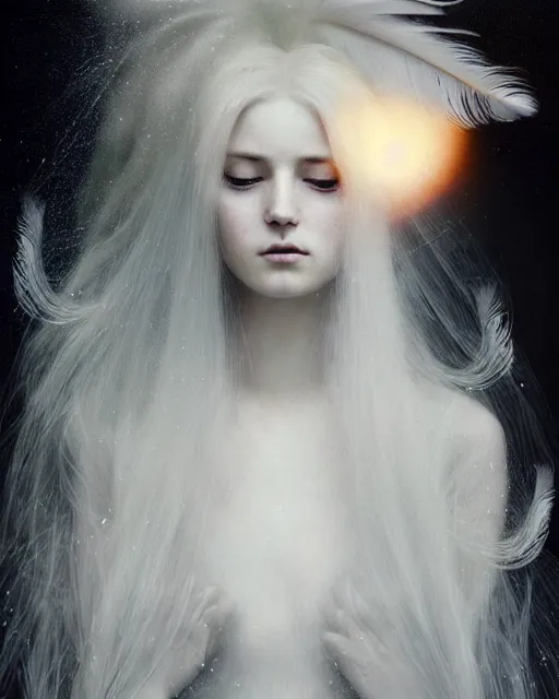 Image similar to delicate, dreamy, feminine, subsurface scattering, white, young beautiful goddess in cosmos long white hair floating in air, white feather dress, fluid smoke art, black and white, octane render, dino valls, mark ryden, joe fenton, michal karcz, highly detailed, rim light, art, cinematic lighting, very coherent, hyper realism, 8 k