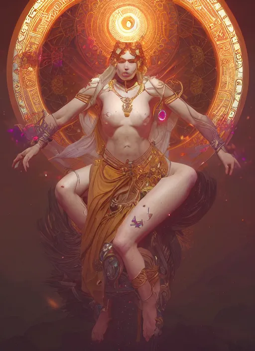 Image similar to Divine cosmic female power, glyphs, magic, artstation, cgsociety, very detailed, intricate, detailed illustration, by artgerm and greg rutkowski and alphonse mucha, octane render, unreal engine, hyperrealism