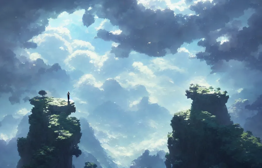 Image similar to makoto shinkai concept art of the cloud cliff dimension, key visual, ambient lighting, highly detailed, digital painting, artstation, concept art, sharp focus, by makoto shinkai and akihiko yoshida and hidari and wlop and greg rutkowski