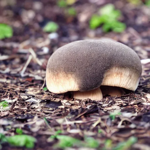 Prompt: a small domestic housecat with a flat mushroom growing atop its head