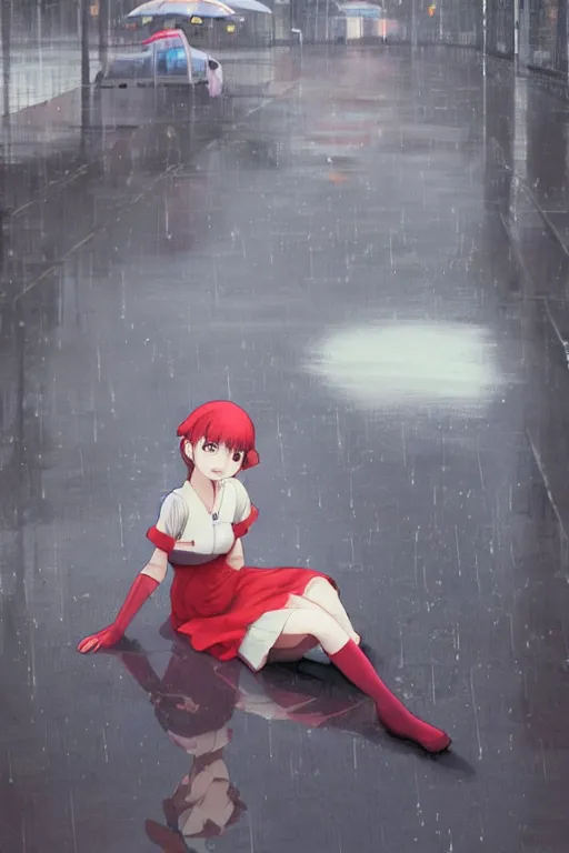 Image similar to 3d octane render portrait a stern girl in Japanese maid's clothes and long stockings sits on the wet pavement in a parking lot in the rain at night. art by hayao miyazaki and Ruan Jia and Mandy Jurgens and Artgerm and William-Adolphe Bouguerea Sakimichan, oil painting