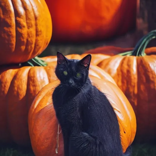 Image similar to a singular black cat resting on top of a pumpkin, simple, cute