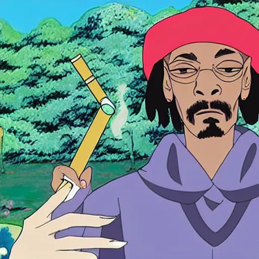 Prompt: snoop dogg smoking a joint at the spirit bathhouse, studio ghibli anime scene, spirit away