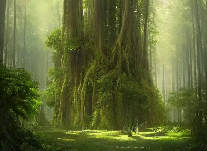 Image similar to A sacred grove, lush trees, a fantasy digital painting by Greg Rutkowski and James Gurney, trending on Artstation, highly detailed