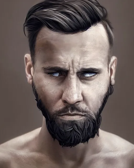 Image similar to portrait of muscular, tired and alcoholic 3 0 - year - old grieving man with short darkblonde hair, serious sad look in his eyes, looking down, dirty beard, blue eyes, crying tears, wearing dirty soldier uniform, on the desert, sad atmosphere, hyper realistic face, character art, art by artgerm, cryengine, trending on artstation, digital art
