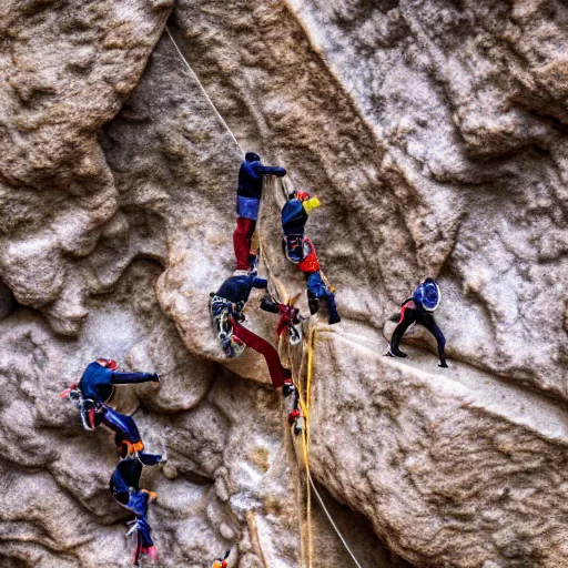 Image similar to tilt-shift photography of a group of climbers scaling a croissant, 8k, highly realistic, render