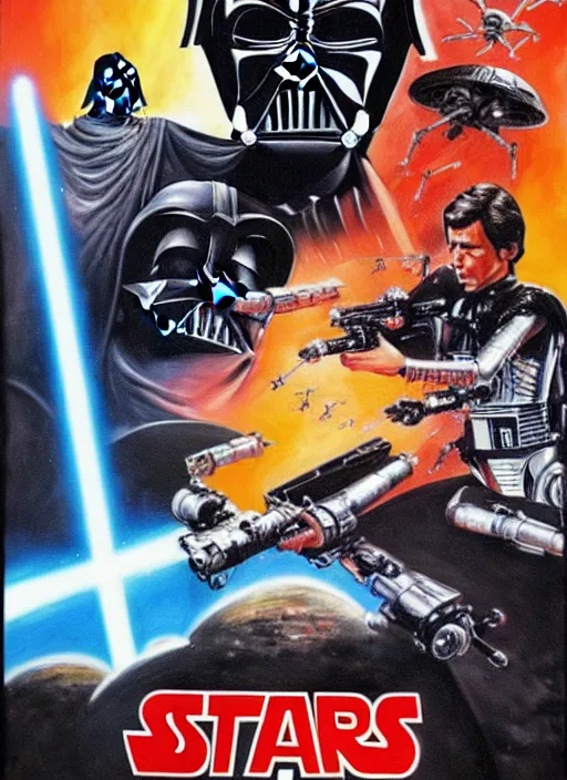 Image similar to 1 9 8 6 poster for star wars meets terminator. oil on canvas. print.